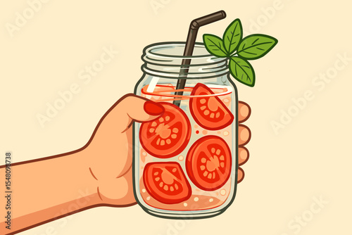 Woman's hand holding a glass mason jar with refreshing tomato and basil infused water. Concept for detox, healthy diet, summer drink, and organic lifestyle. Vector cartoon illustration.