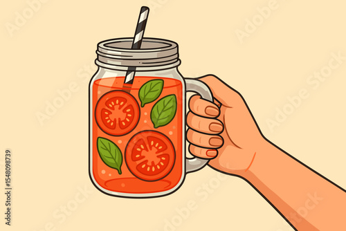 Woman's hand holding a mason jar with refreshing tomato juice, smoothie or detox water with basil. Healthy eating, diet, nutrition and vegetarian lifestyle concept. Vector cartoon illustration.