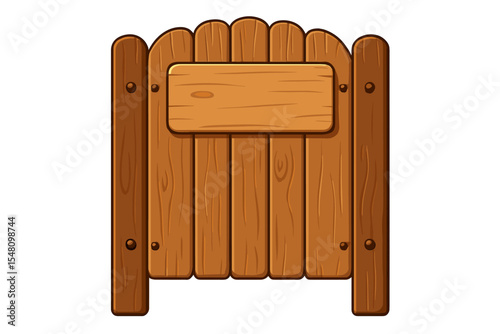 Cartoon wooden gate or fence with blank signboard, isolated on white background. Vector illustration of rustic timber doorway with empty sign, farm or garden entrance, outdoor countryside concept