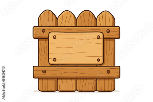 Cartoon wooden fence with blank signboard isolated on white background. Empty rustic signage, wood planks, vintage notice board for message. Vector illustration for game, farm, garden, or park design
