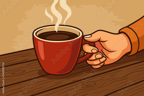 Woman's Hand Holding Red Coffee Cup with Rising Steam on Rustic Wooden Table, Warm Beverage Relaxation Vector Cartoon Illustration for Cozy Morning Moments