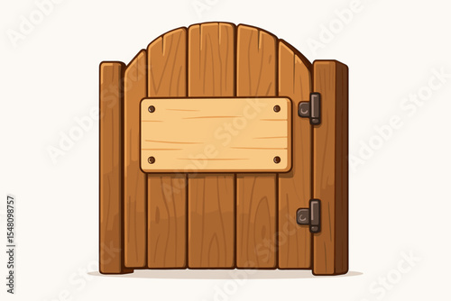 Cartoon wooden gate or fence with blank signboard, rustic planks, metal hinges, isolated on white background. Empty signage for message, farm, garden, entrance, border, vector illustration
