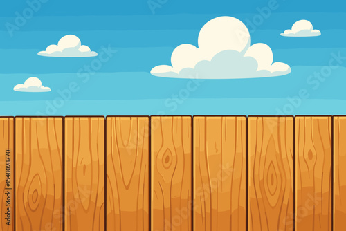 Cartoon Wood Fence With Natural Grain Against Clear Blue Sky And Fluffy Clouds. Outdoor Backyard Landscape. Summer Day Background. Seamless Wooden Planks Pattern. Vector Illustration