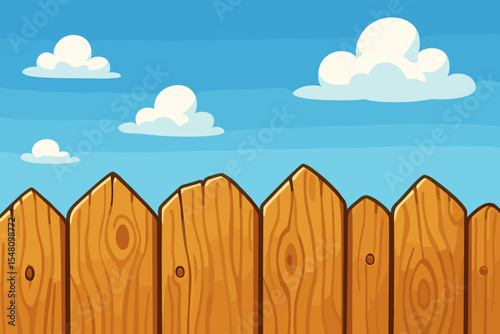 Wooden Fence Cartoon Vector Seamless Background. Sunny Blue Sky, Puffy Clouds, Outdoor Garden, Playground, Backyard, Natural Timber Planks, Daytime Landscape Illustration, No Text, Horizontal Banner