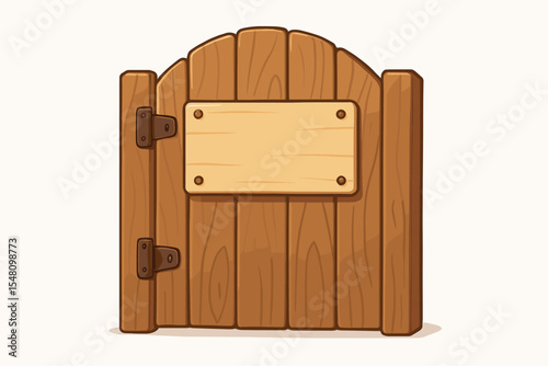 Cartoon wooden door or garden fence with blank signboard, rustic planks, metal hinges, vintage entry gate, empty notice board, vector illustration, isolated on white background