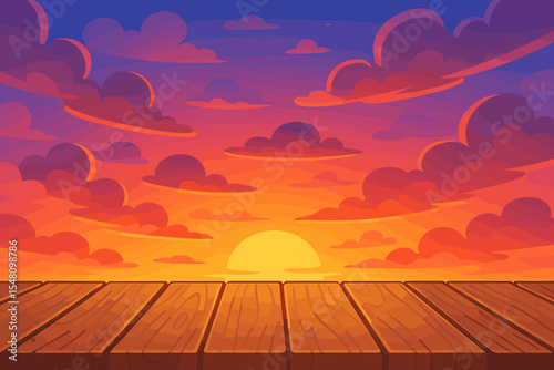 Vibrant cartoon sunset sky with dramatic colorful clouds and glowing sun, viewed from wooden planks deck. Atmospheric nature landscape background. Summer evening horizon illustration. No text.