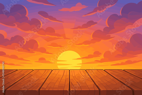Vibrant Sunset Over Wooden Pier Deck Vector. Colorful Cartoon Sunrise Horizon, Glowing Sun, Dramatic Sky with Orange Clouds, Radiant Sunbeams. Summer Evening Scenery Background Illustration