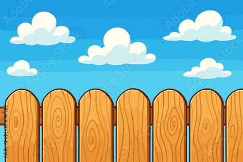 Cartoon Wooden Fence with Natural Wood Texture and Fluffy White Clouds on Clear Blue Sky Background. Outdoor Nature Scenery. Vector Illustration for Garden, Backyard, Border, Summer, Landscape Design