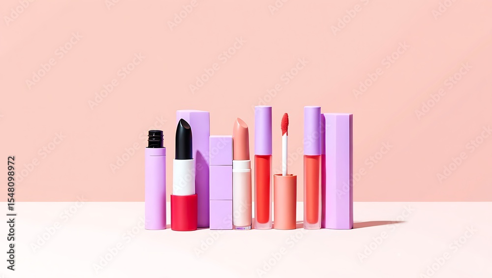 Fototapeta premium Stylish Lip Makeup Collection Lipstick, Lip Gloss, and Lip Liner Shades