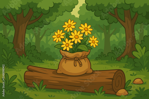 Vibrant yellow wildflowers in burlap sack on fallen tree trunk in lush green forest. Cartoon nature vector illustration. Spring woodland floral bouquet, sunny landscape, whimsical outdoor scene
