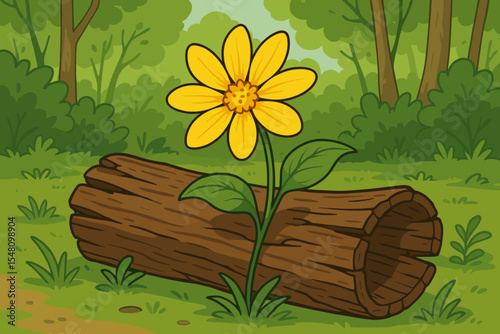 Bright yellow wildflower blooming beside old wooden log in lush green forest. Cartoon vector illustration of nature scene, woodland meadow, spring growth, rustic environment, outdoor landscape.