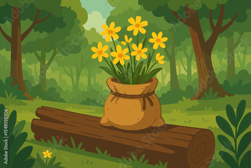 Vibrant yellow wildflowers in burlap sack on fallen tree trunk, lush green forest background, whimsical cartoon nature scene, spring meadow flora vector illustration, woodland landscape art