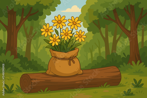 Vibrant Yellow Wildflowers in Burlap Sack on Fallen Tree Log in Lush Green Forest, Cartoon Vector Nature Illustration, Outdoor Summer Woodland Landscape with Blooming Flowers