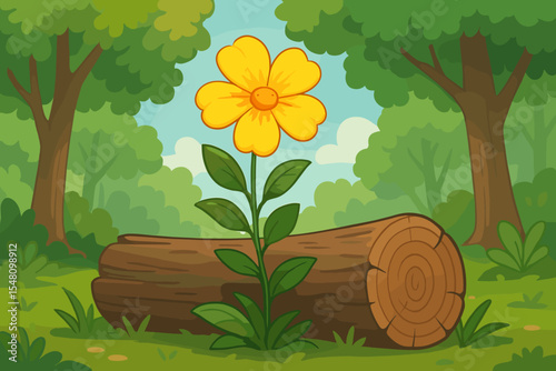 Bright Yellow Wildflower Blooming Beside Fallen Tree Trunk in Lush Green Forest, Nature Landscape, Summer Woodland Flora, Cute Cartoon Vector Illustration for Children and Education