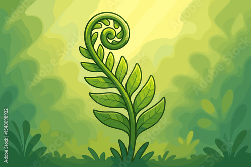 Lush young fern leaf unfurling in sunlight, vibrant green foliage, soft natural forest background, botanical growth, spring morning, nature concept, vector cartoon illustration, no text