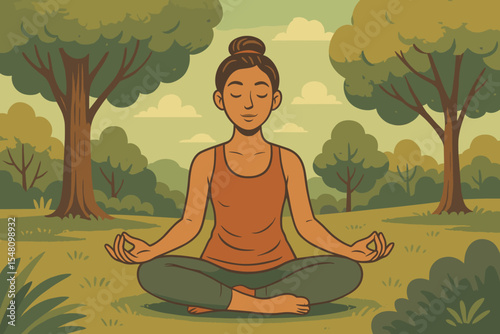 Woman Practicing Yoga Meditation Outdoors in Park, Cross-Legged Lotus Pose, Serenity in Nature, Mindfulness Relaxation, Vintage Cartoon Vector Illustration, Calm Tranquility Scene