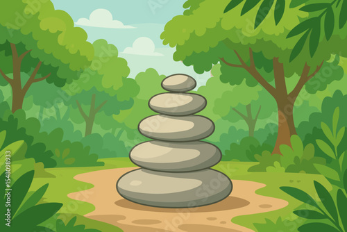 Zen balanced stone stack in peaceful nature park, lush green forest foliage, tranquil outdoor landscape, meditation, harmony, serenity, relaxation, cartoon vector illustration, no text