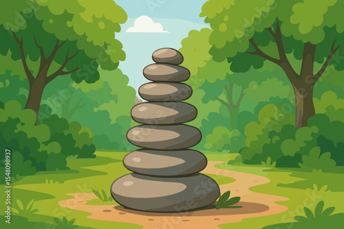 Zen stone cairn stacked on peaceful forest path, lush green foliage, tranquil nature park, harmony and balance concept, vector cartoon illustration, meditation, relaxation, serenity outdoors