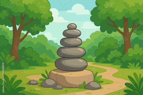 Zen stone cairn balanced on large rock in peaceful forest park, lush green foliage, tranquil nature landscape, relaxing meditation, wellness, vector cartoon outdoor illustration, no text
