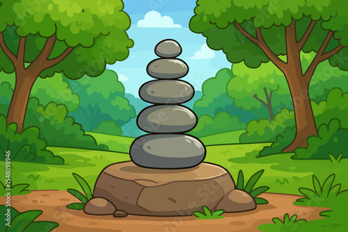 Zen stone cairn balancing on rock in peaceful green forest park. Cartoon vector illustration of tranquil nature landscape, lush foliage, meditation, harmony, balance, mindfulness outdoors