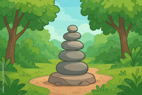 Zen stone cairn balanced on forest path, peaceful cartoon landscape, tranquil nature park, lush green foliage, meditation, harmony, calm outdoors, vector illustration