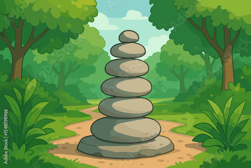 Zen stone cairn balancing on winding path in tranquil lush green forest park, vector cartoon illustration, nature meditation concept, peaceful landscape with foliage, harmony, relaxation
