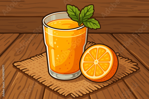 Fresh Orange Juice in Glass with Mint Garnish on Rustic Wooden Table, Half Orange, Burlap, Healthy Citrus Drink, Summer Refreshment, Vibrant Vector Cartoon Food Illustration