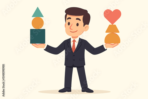 Businessman balancing work and life. Cartoon manager holding symbols for career and family, health, love. Metaphor for choice, priority, stability and time management. Vector.
