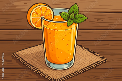 Fresh orange juice in clear glass with vibrant mint garnish, whole orange slice, rustic wood table, woven fabric mat. Refreshing summer drink. Cartoon vector illustration, healthy beverage concept