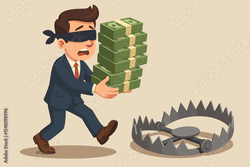 Blindfolded businessman carrying money stacks walks into a bear trap. Metaphor for risky investments, financial danger, greed, debt, and crisis. Concept of business ignorance.