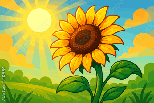Vibrant sunflower cartoon illustration in a sunny summer field. Cheerful flower basking in the warm morning sunlight with blue sky and green hills. Vector nature landscape.