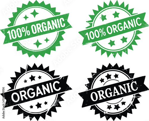 Four organic seals in green and black with stars and text on a white background