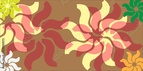 Stylized floral pattern featuring soft pastel colors, geometric elements, and a circular arrangement on a neutral background for decorative or artistic purposes.