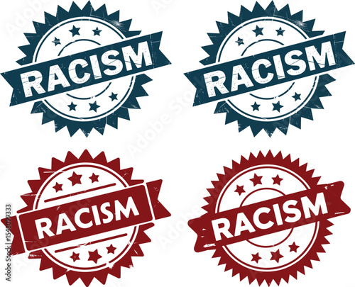 Four stamps displaying the word racism in blue and red on a white background