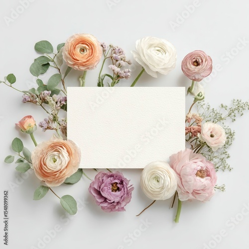 Beautiful floral arrangement with blank card on light background for invitations or announcements