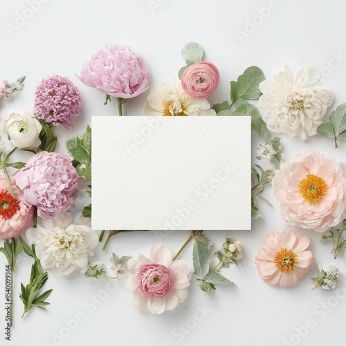 Floral arrangement with blank card on white background for invitations or messages