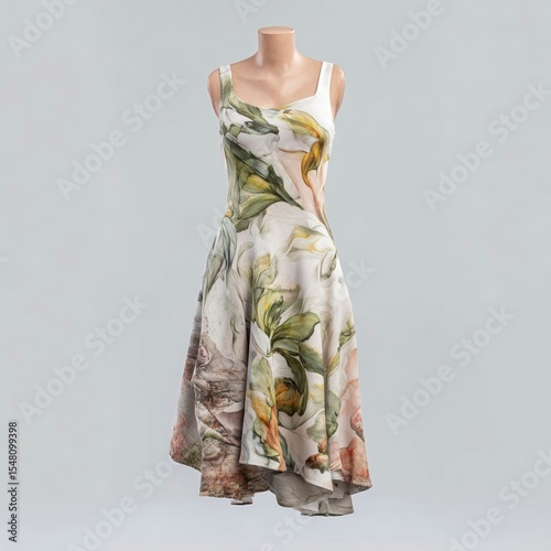 Elegant floral dress displayed on a mannequin in a neutral setting showcasing vibrant colors and intricate design