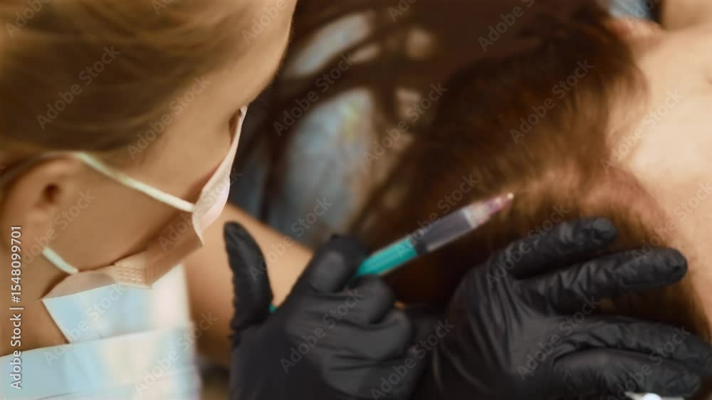Professional female trichologist performing PRP therapy to young woman, injecting platelet-rich plasma into scalp to restore hair health. Cosmetologist administering regenerative treatment to