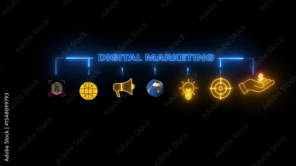 A glowing neon line banner illustrating the digital marketing concept. The design features bright, futuristic lines, icons, and symbols commonly associated with online marketing, A glowing neon line banner illustrating the digital marketing concept. The design features bright, futuristic lines, icons, and symbols commonly associated with online marketing,