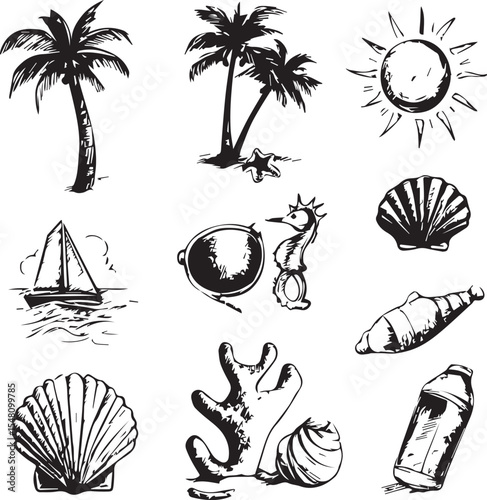 black and white Hand drawn summer vintage tree graphic icons 