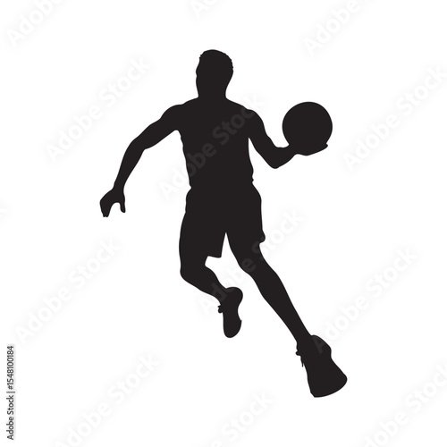 Silhouette of a basketball player dribbling, airborne with the ball, leaping to shoot, dynamic action pose, Vector Illustration.
