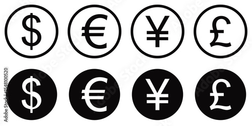 Set of Global Currency Symbols – Euro, Dollar, Pound, and Yen Icons in Flat and Outline Style