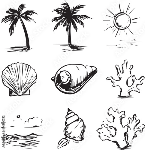 black and white Hand drawn summer vintage tree graphic icons 