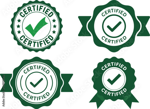 A collection of four green certified badge designs on a white background