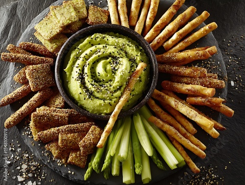 Delicious appetizer board featuring avocado dip, seeded crackers, asparagus, and pretzel sticks