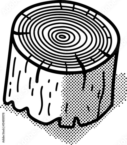 Tree stump illustration detailed wood rings, isolated stump log with textured bark nature, forest element, lumber concept