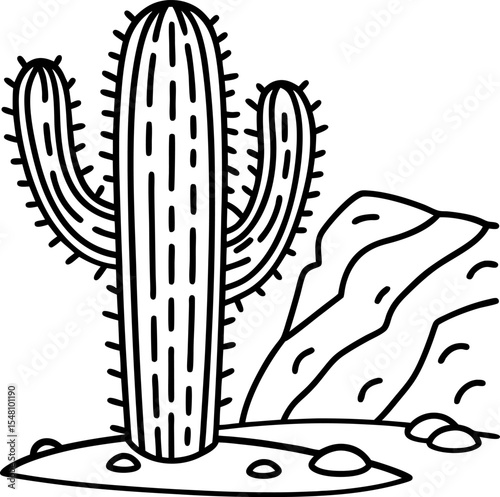 Cactus illustration, desert landscape with sand, rocks and succulents drought resistant plant, arid climate nature