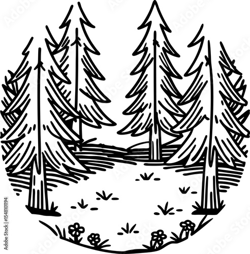 Pine forest illustration with tall evergreen trees and open clearing, hand drawn black and white nature scene