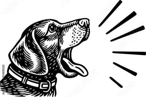Vintage illustration of barking dog, alert hound with open mouth, black and white drawing, communication