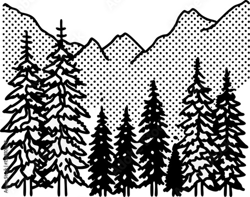 Hand drawn pine forest illustration with detailed trees and mountain landscape monochrome nature art background